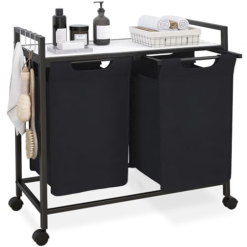 Wäschekorb 2 Fächer, Wäschesammler mit Ablage, Wäschebox mit Rollen, 100L Abnehmbarer Wäschesack aus Oxford-Gewebe, Metallrahmen mit 4 Haken, Weiß und Schwarz