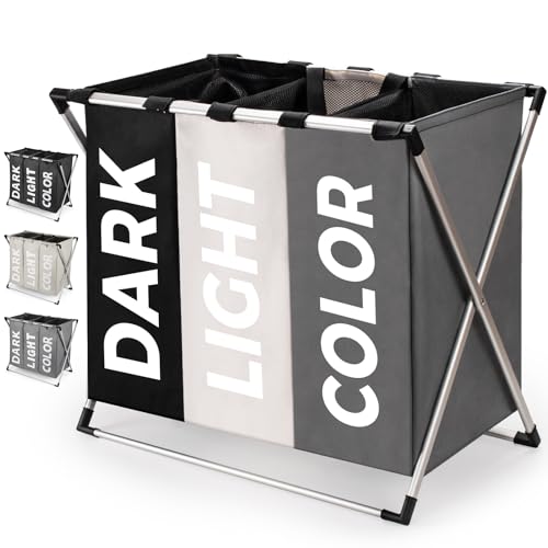 Rieeyrslza Wäschesortierer mit 3 Fächern 102L Oxford-Tuch Wäschesammler Trio Wäschekorb Faltbare Praktische Aufbewahrung Klassifizierung Faltbare Wäschekörbe mit Tragegriffen(3 Farbblockierungen)