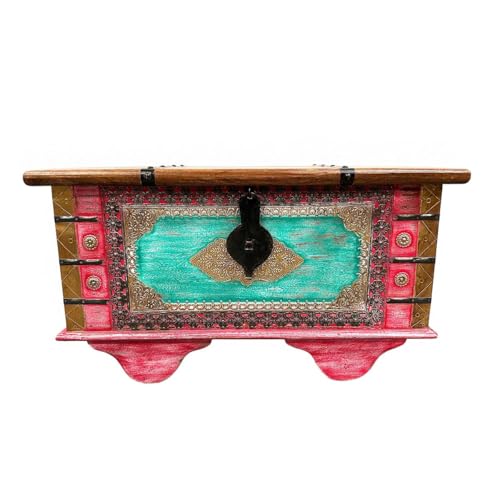 Oriental Galerie Shabby Chic Holztruhe mit Messingbeschlag Schatztruhe mit Rollen Truhe Kiste Box Holz Indien Massiv Antik-Optik Rot Braun 80 cm