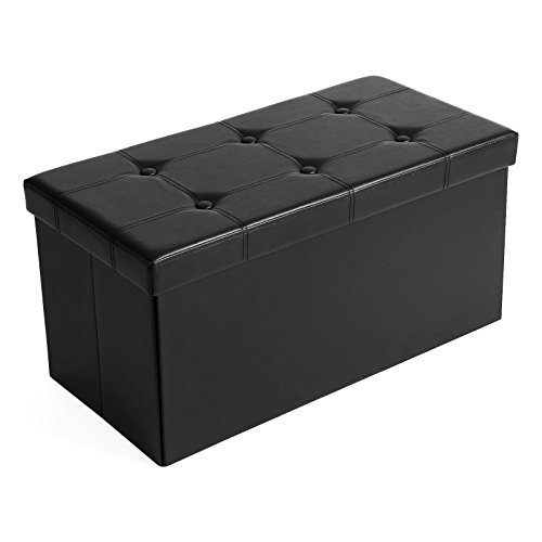 SONGMICS 76 cm Sitzbank mit Stauraum, Sitztruhe, Aufbewahrungsbox, Fußhocker, faltbar, gepolstert, Bezug aus Kunstleder, bis 300 kg belastbar, klassikschwarz LSF105, Schwarz