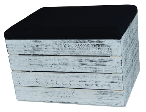 Kistenkolli Altes Land Sitzhocker mit Stauraum, Fußbank Aufbewahrungsbox 50x40cm Sitzhocker Holztruhe Aufbewahrungskiste Holztruhe Sitzpouf & Fußhocker (Shabby weiß Polster Schwarz)