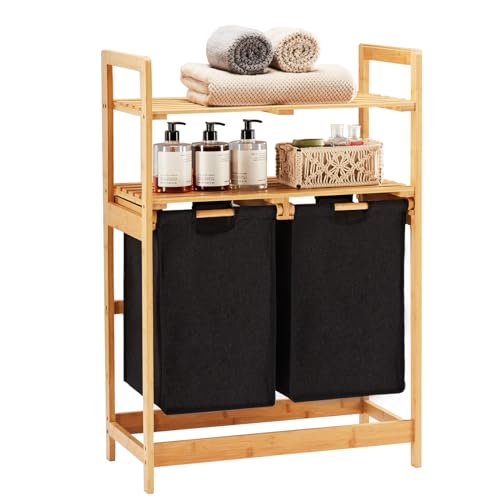 YOUDENOVA Wäschekorb aus Bambus-Gestell,Wäschesam mler mit 2 Ablagen mit 2 Ausziehbaren Wäschesäcken für Schlafzimmer Bad oder Waschküche 93x64x33cm Schwarz