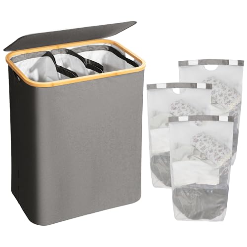 AdelDream 160L Wäschekorb mit Deckel 3 Fächer Wäschekorb Wäschesack schmal - Wäschesortierer Wäschebox Wäschetonne Wäschesammler mit Deckel Wäschetruhe Wäschekörbe laundry baskets (Grau, 160L)
