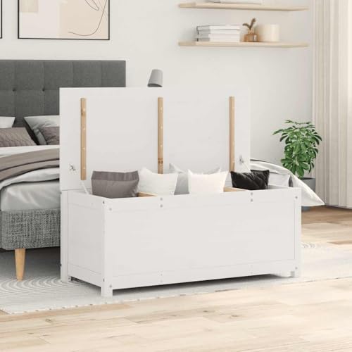 Owoxanthellate Truhe Weiß 110x50x45,5 cm aus massivem Kiefernholz mit Gasdruckfeder, Modernes Design, Robustheit und Langlebigkeit für Schlafzimmer, Wohnzimmer und Flur