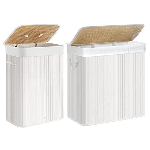 SONGMICS Wäschekorb, 150 L Wäschesammler mit 3 Fächern, 72 L Wäschebox, Wäschesack herausnehmbar, Wäschetruhe aus Bambus, Wäschesortierer mit Deckel und Griffen, faltbar, weiß LCB910W01