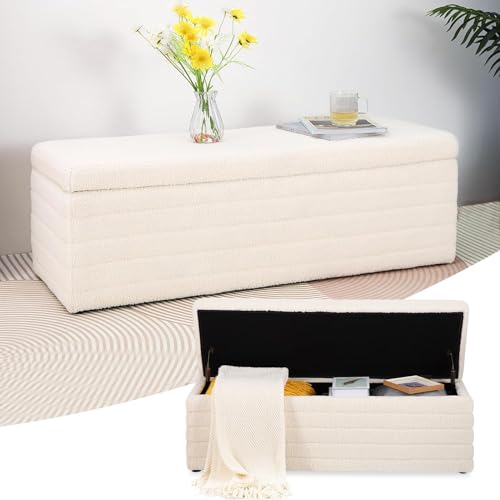 LEUTED Sitzbank mit Stauraum, Schuhbank mit Sitzfläche, Teddystoff Sitzhocker, Sitztruhe mit großem Stauraum Aufbewahrungsbox, Sitzbox für Schlafzimmer Wohnzimmer Weiß (1, 118x40x40 cm)