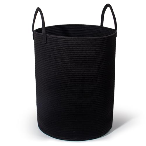 SYLANDO Wäschekorb mit Henkel, Spielzeug Aufbewahrung, Aufbewahrungsbox Geflochten, Wäschesammler Groß, Aufbewahrungskorb Kinderzimmer (Schwarz, D 38 x H 50 cm)