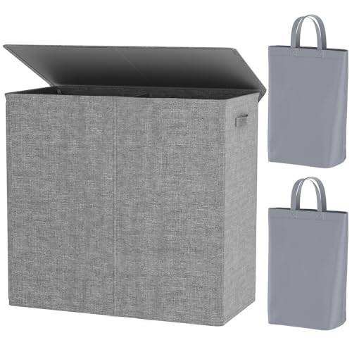 Chrislley Doppelter Wäschekorb mit Deckel und herausnehmbaren Wäschesäcken, groß, faltbar, 2 Trennwände, Wäschekorb mit Griffen für Schlafzimmer, Waschküche, Schrank, Badezimmer, Uni, 154 l