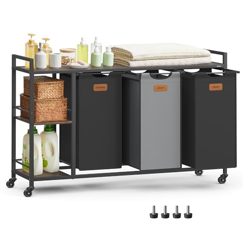 VASAGLE Wäschekorb 3 Fächer, Wäschesammler 150 L, Wäschesortierer, Rollen, Wäschewagen mit Ablagen, Wäschesack, mit abnehmbaren Taschen, 6 Etiketten, kastanienbraun-tintenschw arz-taubengrau BLH312B01
