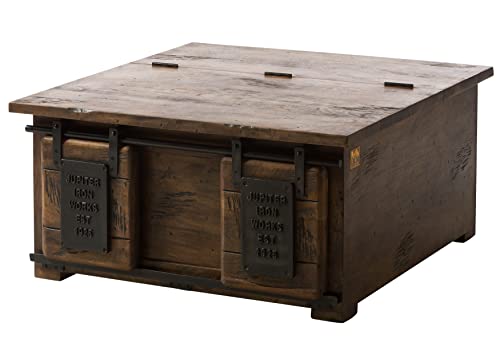 MASSIVMOEBEL24.DE | Railway Truhe aus Massivholz - braun geölt | aus Mangoholz | viel Stauraum | mit Deckel | 90x90x45 | Aufbewahrungsbox Holztruhe Sitztruhe