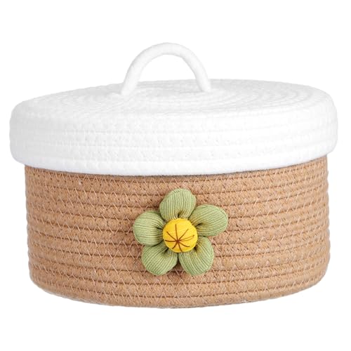 MUELODSIC Korbtruhe mit Deckel aus Baumwollseil Dekorativer Runder Aufbewahrungskorb für Schreibtisch und Haushalt für Snacks und Kleinigkeiten Leicht Transportierbar und Modern Gestaltet