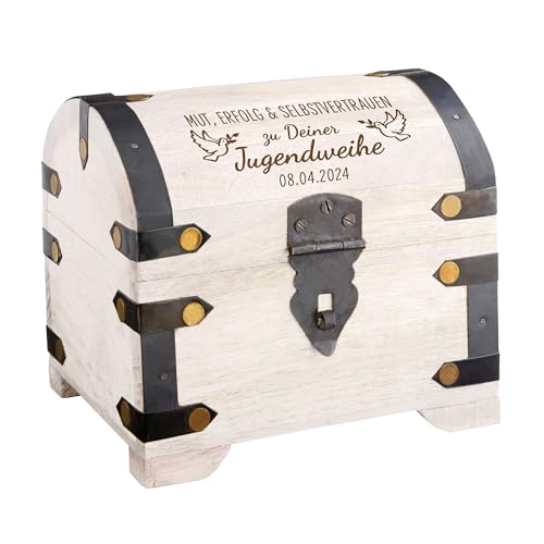 Weiße Schatztruhe mit Gravur zur Jugendweihe, Personalisiertes Geldgeschenk, Holz Schmuckkästchen, Schatzkiste, Dekorative Holztruhe, Geschenkbox Schachtel, Holzkiste, Verpackung für Geldgeschenke