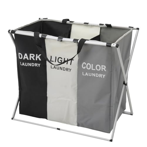 Warmiehomy Wäschekorb 3 Fächer Großer Wäschekörbe Faltbarer Wäschekorb mit abnehmbarem Wäschesack Wäschesammler 3 Fächer Wäschesortierer mit Aluminiumhalterung und Griff für Waschküche,66x38x58cm