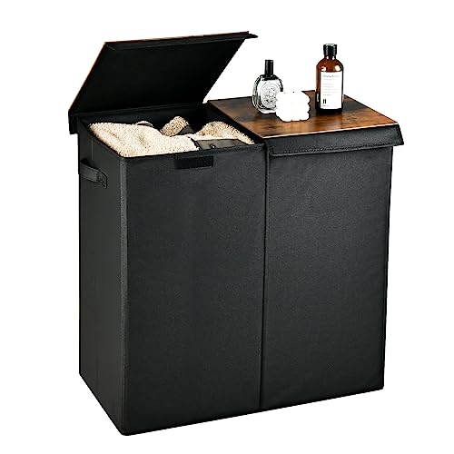 GOPLUS Wäschekorb 2 Fächer, 105L Wäschesammler mit Deckel & Wäschesäcken, tragbarer Wäschesortierer mit Griffen, für Schlafzimmer, Badezimmer, 62 x 31 x 60cm (Schwarz)