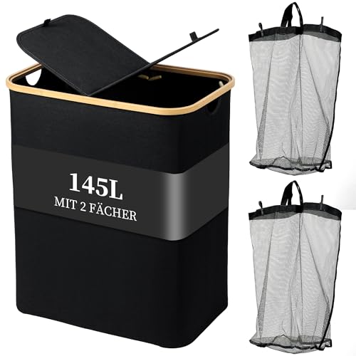 EDWINENE 145L Wäschesammler mit Deckel 2 Fächer, Wäschekorb Schwarz XXL, Wäschebox aus Oxford-stoff für Schlafzimmer Badezimmer Waschküche