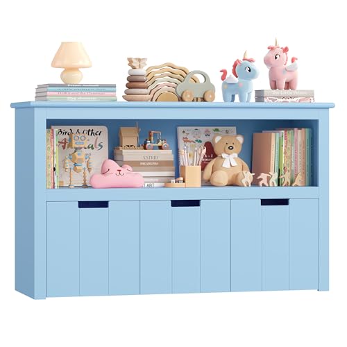 FOREHILL Kinderregal mit Boxen auf Rollen, Spielzeug Aufbewahrung Kinderzimmer Möbel, Spielzeugregal, Kinderschrank, Regal weiß mit 3 Boxen, Truhen & Kisten für Kinder 102 x 33 x 61,5cm blau
