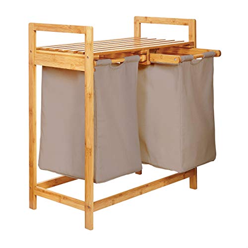 Lumaland Wäschekorb aus Bambus mit 2 ausziehbaren Wäschesäcken | Größe ca. 73 cm Höhe x 64 cm Breite x 33 cm Tiefe, Farbe: Grau