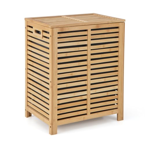 COSTWAY Wäschekorb mit Deckel Groß, 80L Wäschesammler Bambus, Wäschebox mit Wäschesack herausnehmbar & waschbar, Wäschetruhe wäscheschrank für Bad, Schlafzimmer, Wohnzimmer