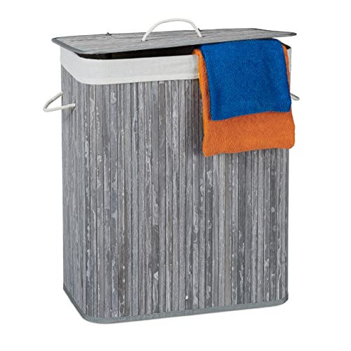 Relaxdays Wäschekorb Bambus mit Deckel, rechteckiger Wäschesammler, 2 Fächer, 95 l Volumen, faltbare Wäschebox, grau