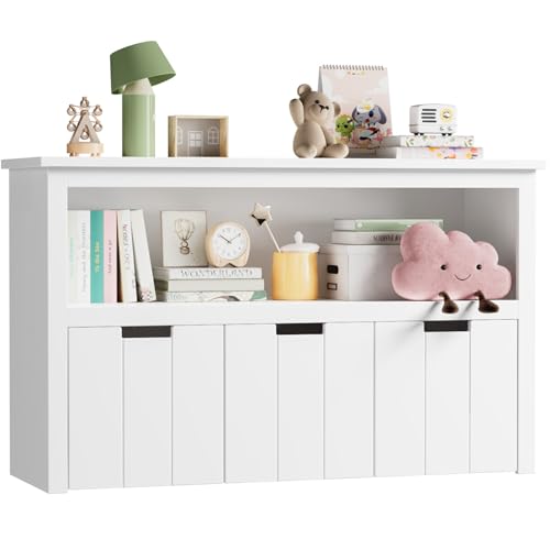 FOREHILL Kinderregal mit Boxen auf Rollen, Spielzeug Aufbewahrung Kinderzimmer Möbel, Spielzeugregal, Kinderschrank, Regal weiß mit 3 Boxen, Truhen & Kisten für Kinder 102 x 33 x 61,5cm