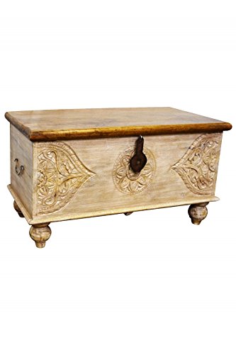 Orientalische Truhe Kiste aus Holz Akdar - 88cm groß | Vintage Sitzbank mit Aufbewahrung für den Flur | Aufbewahrungsbox mit Deckel im Bad | Betttruhe als Kissenbox oder Deko im Schlafzimmer