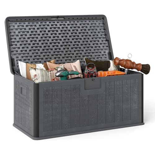 GOPLUS 378 L Gartenbox, Auflagenbox wasserdicht, Aufbewahrungsbox mit abschließbarem Deckel & Griff, Kissenbox für Garten, Gartentruhe für Terrasse, Poolzubehör & Gartengeräte (Grau)