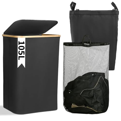 AIVORO Wäschekorb Schwarz, Wäschekorb Schmal mit 2 Herausnehmbaren und Waschbaren Innentaschen, Wäschecontainer mit Deckel, Faltbarer Wäschekorb für Waschküche, Schlafzimmer und Bad