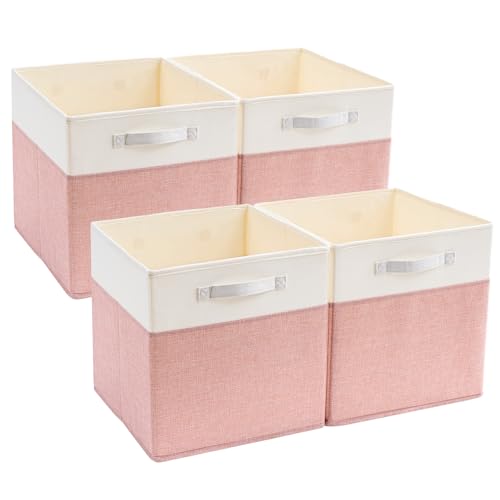 Mangata Aufbewahrungsbox 33x38x33 cm, faltenfrei Stoff Aufbewahrungskörbe für Kleiderkörbe, Körbe, Truhen, Spielzeug (4 er, Rosa/Beige Weiß)