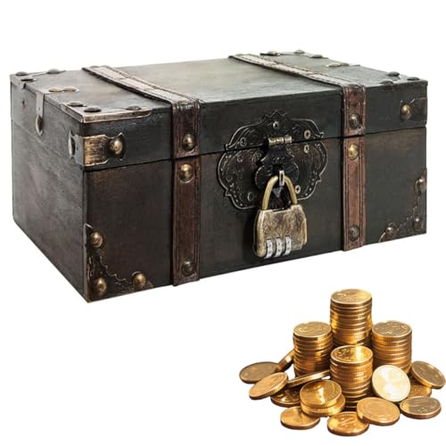 JCTEEY Vintage Holz Schatztruhe, Vintage Holz Schatztruhe Kinder mit Schloss, Schatzkiste Kinder, Holztruhe Piratenkiste für Aufbewahrung Kindergeburtstag Dekoration Geschenke (23.5 * 16 * 9.5cm)