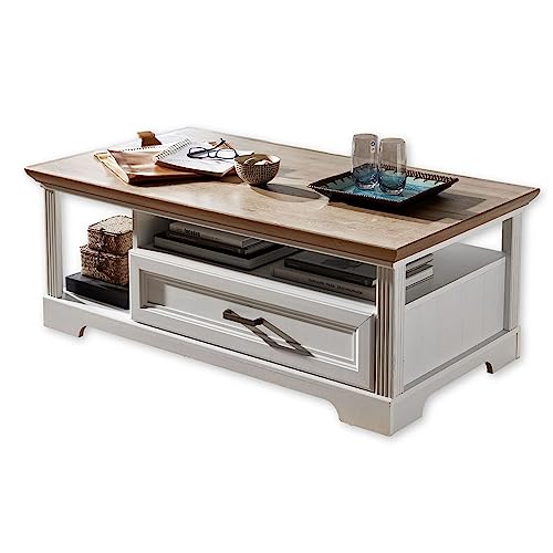 Stella Trading Couchtisch in Pinie hell, Artisan Eiche Optik - Sofatisch mit Schublade & Ablage für Ihren Wohnbereich im Landhausstil - 120 x 45 x 67 cm (B/H/T)