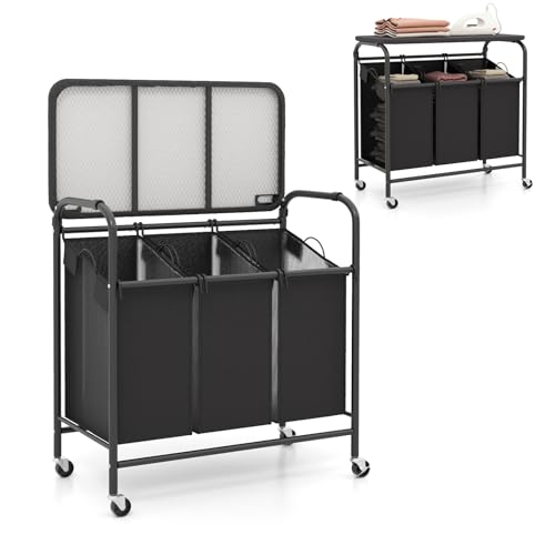 LIFEZEAL Wäschekorb 3 Fächer, Wäschesortierwagen auf Rollen mit Bügelbrett & 3 abnehmbaren Taschen, Wäschesortierer 33 L mit Deckel, Wäschesack für Badezimmer, Waschküche