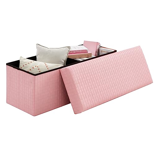 BRIAN & DANY Sitzbank mit Stauraum 110 cm, Faltbar Sitzhocker Truhen Aufbewahrungsbox aus Leder, 110 x 40 x 40 cm (Rosa)