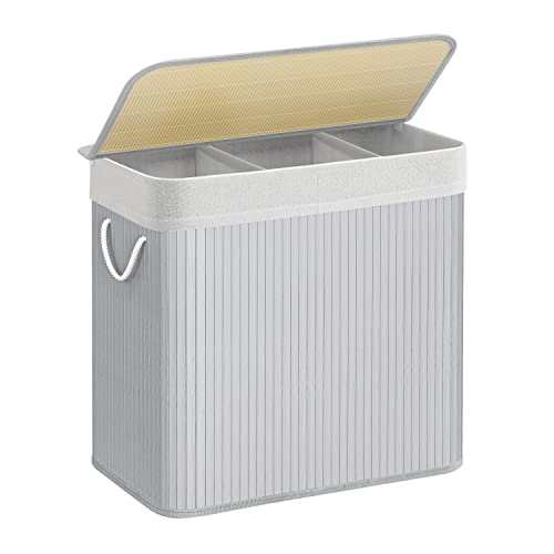 SONGMICS 150L Wäschekorb, Wäschebox mit Deckel, Wäschesortierer, aus Bambus, mit Griffen, 3 Fächern, faltbar, Baumwolle, Wäschesack in der Maschine waschbar, Waschküche, grau LCB091G01