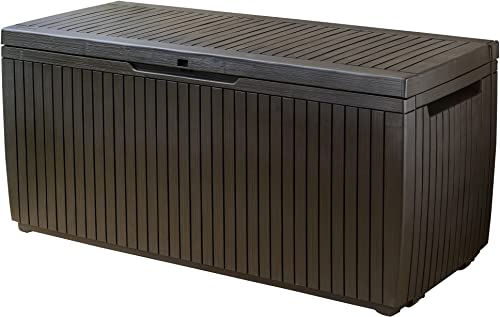 Keter Springwood Auflagenbox zum Draufsitzen, Kissenbox, braun, abschließbar, wetterfest, 123x53,5x57cm, 305 Liter