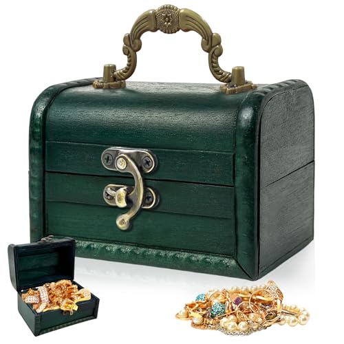 xuefenfei Kleine Holz Schatztruhe Box, Mini Vintage Holztruhe Aufbewahrung, 12x8x8cm Schatztruhe Kindergeburtstag, Schatztruhe Klein für Persönlichen, Schmuck, Münzen, Deko (Grün)