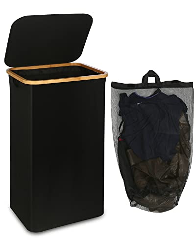 efluky Wäschekorb mit Deckel, 100 Liter hoher Wäschebox mit Bambus Henkel und Innentasche, faltbarer groß XXL Waschekorbsammler, Laundry Baskets für Schlafzimmer Badezimmer, schwarz