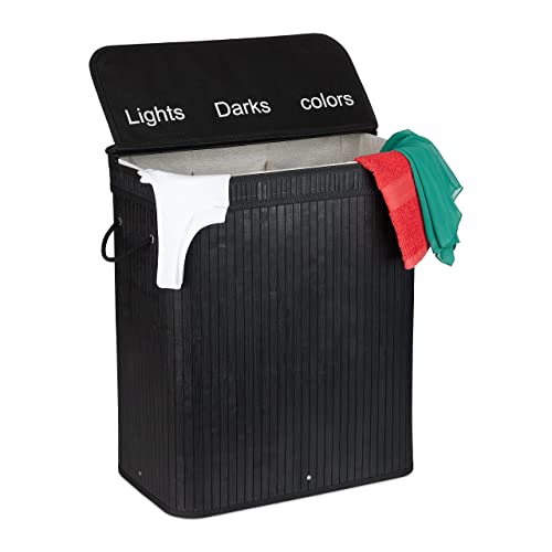 Relaxdays Wäschesortierer, Bambus, 3 Fächer, je 30 Liter, Wäschekorb mit Deckel, Griffe, HxBxT: 63 x 55 x 35 cm, schwarz