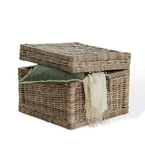 Loberon Truhe Tellier, hochwertige Handarbeit, dezentes Antik-Finish, Vintage-Charme, Aufbewahrung, Ordnungshelfer, Rattan, braun