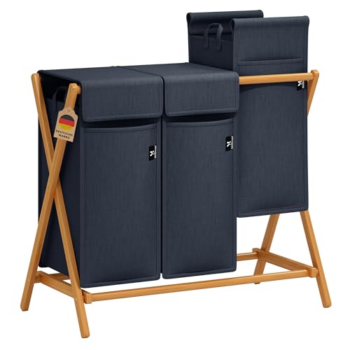 AdelDream Wäschekorb 3 Fächer 150L Bambus Wäschesammler Wäsche Sortiersystem X-förmige Wäschebox laundry baskets Wäschesortierer