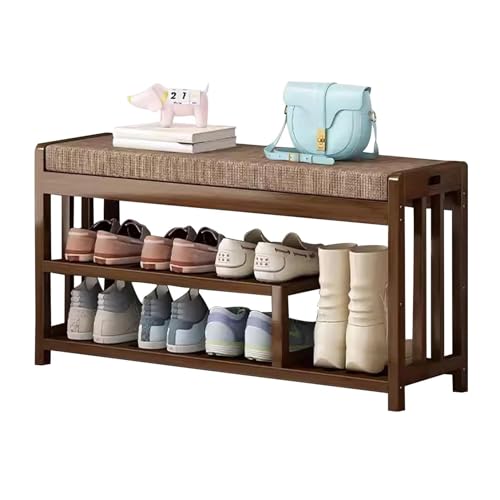 Yoeoefuo Schuhbank Schuhregal Holz Schuhständer Mit Sitzfläche Mit Leinenkissen Schuhorganizer Schuhordnungssystem Eingangsbereich Rustikal Schuhhalter Sitzschuhregal Für Flur Bad Wohnzimmer