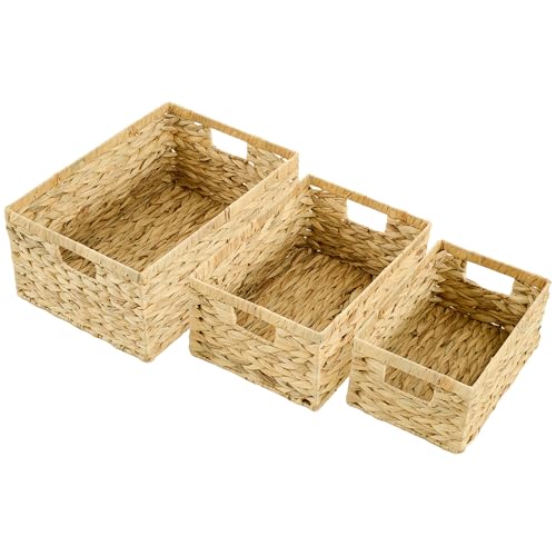 HOMCOM 3er-Set Aufbewahrungskorb, geflochtener Körbe aus Wasserhyazinthe, zum Aufbewahrung und Organisieren, für Wohnzimmer, Küche, Schlafzimmer, Naturholz