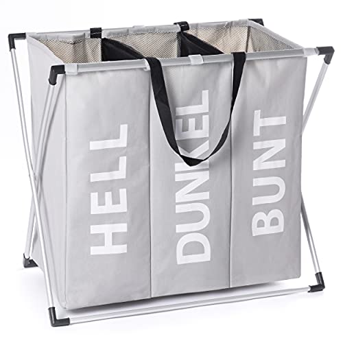 KörbeKönig Wäschesortierer mit 3 Fächern 90 l Hellgrau, Wäschetrenner mit verschließbaren Fächern, Faltbarer Wäschekorb, Wäschebox