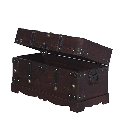 FD00432 Truhe, Holztruhe, Schatzkiste,Kiste, Piratenkiste, Kleinmöbel, Mit Metallbeschlägen, Antikoptik, Holz, verschieden Größen, Maritim, Deko, Hochwertig, Kolonialtruhe, Kolonialstil, Holzbox, Truhe mit ornamenten und Lederriemen . Gr. M bis XXL (
