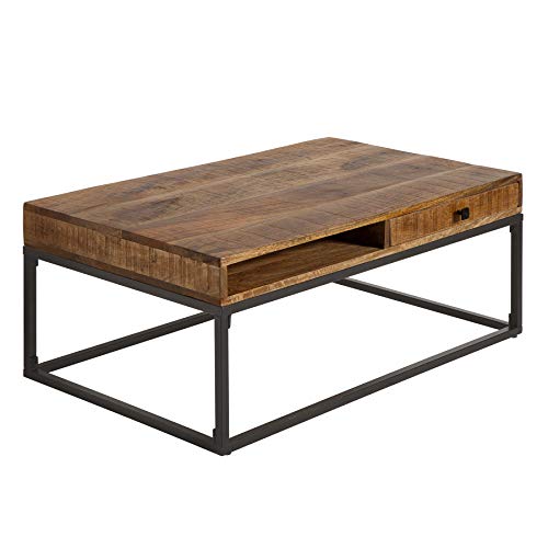Invicta Interior Massiver Couchtisch Iron Craft 100cm Mangoholz mit Schubladen Wohnzimmertisch Tisch Holztisch