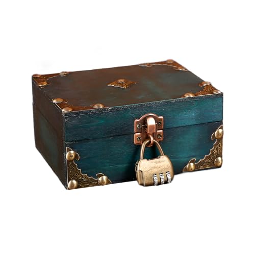 ACONDE Vintage Holz Schatztruhe, 15 x 7,5 x 12 cm Schatztruhe mit Zahlenschloss, Grün Holz Aufbewahrung Schatzkiste, Vintage Holz Look Holztruhe Piratenkiste, für Aufbewahren und Dekorieren Geschenke