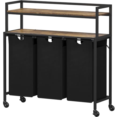 Lifewit Wäschesammler mit Ablage, Wäschesortierer 4 Fächer mit Rollen, Badregal mit Wäschekorb, Wäsche Organizer Schmutzwäsche, Wäscheregal Schwarz