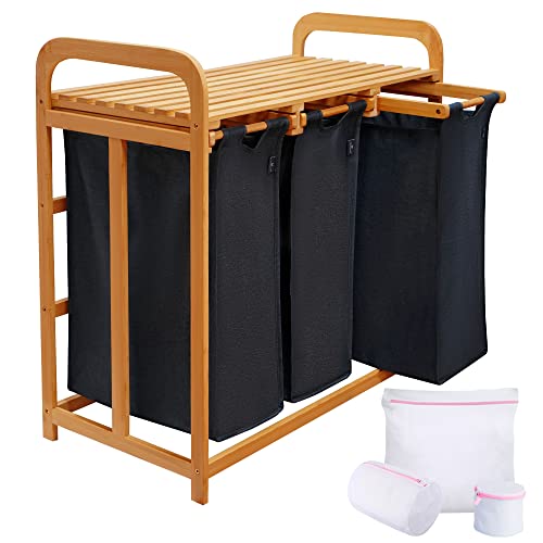 AdealDream Wäschekorb mit Bambusrahmen 150 l 3 Fächer Bambus Wäschesammler laundry baskets Bogendesign Wäschesortierer