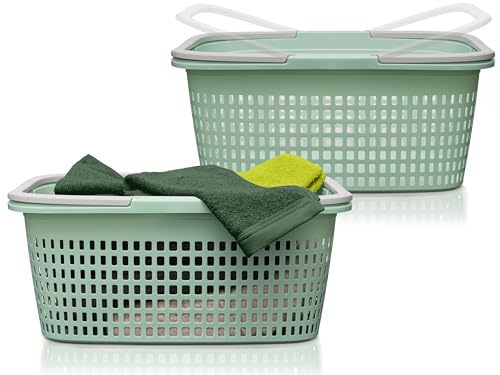 Hausfelder 35 l – Wäschekörbe 2er Set   Stabil & Stapelbar   Henkeln & Griffen (Jadegrün, 2 Körbe)