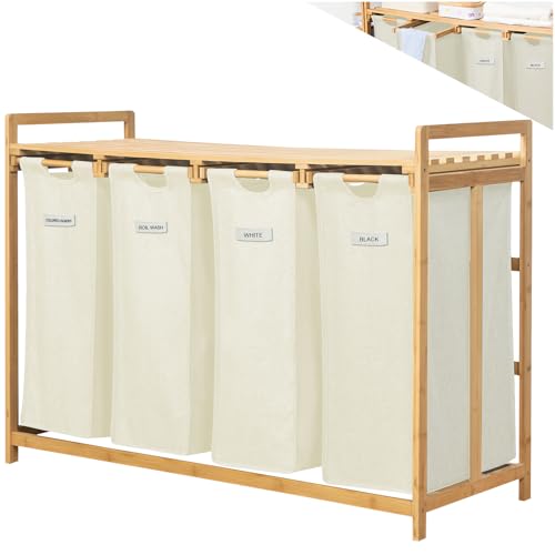 Allyson Wäschekorb mit Bambusrahmen, 200L, 4 Fächer, ausziehbare & abnehmbare Wäschesäcke, Wäschesammler, für Badezimmer & Schlafzimmer, Wäschesortierer & Ordnungssystem (Beige)