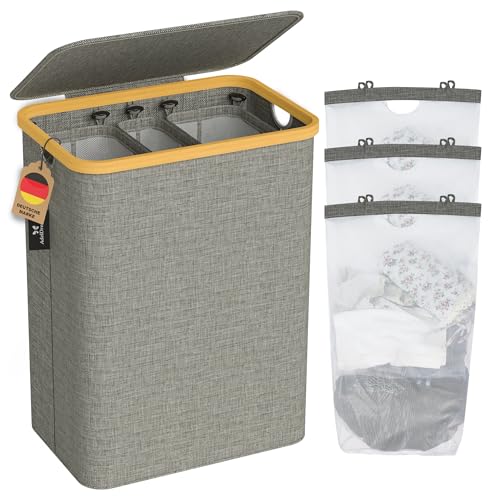 AdelDream 160L Wäschekorb mit Deckel 3 Fächer Wäschekorb Wäschesack schmal Wäschesortierer Wäschebox Wäschetonne Wäschesammler mit Deckel Wäschetruhe Wäschekörbe laundry baskets 160L Grau